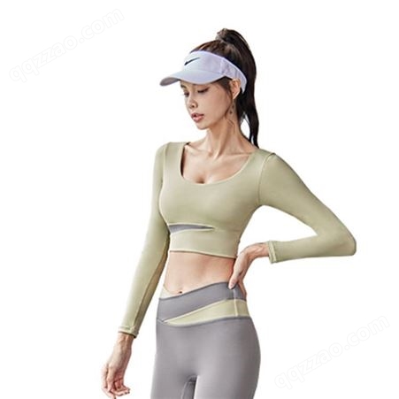 速干拼色瑜伽服长袖套装无缝修身跑步透气运动紧身休闲套装女