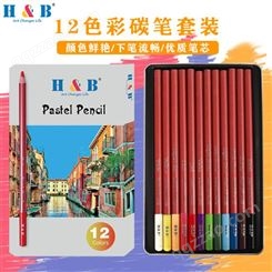 新品H&B12色彩碳笔套装铁盒彩色碳化铅笔绘图书写素描美术可批发